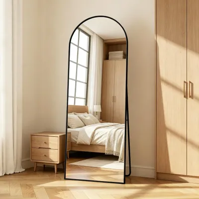 Produktbild von INONEFT Ganzkörperspiegel mit Vergrößerungsspiegel, Sicherheitsglas, Boden Standspiegel, 164 x 54 cm, Schwarz, großer Wandspiegel für Schlafzimmer