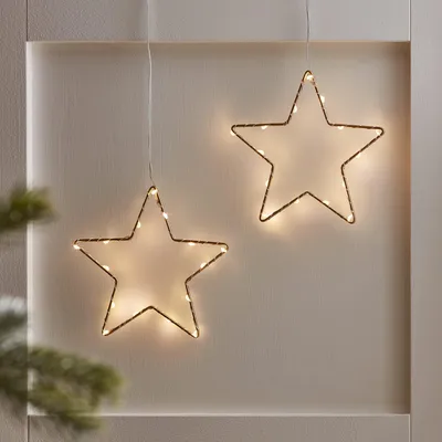 2er-Set goldene LED-Weihnachtssterne, 15 cm, Timer