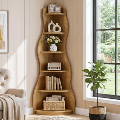 Produktbild von Tribesigns Modernes Eckregal, 175 cm hohes, 6-stufiges Wand-Eckregal, hohes Bücherregal/Pflanzenständer für Wohnzimmer, Homeoffice, rustikal