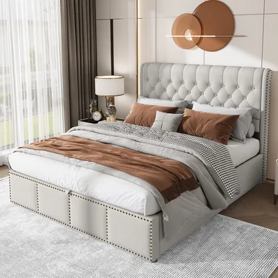 Productafbeelding van MODFU Hydraulisch boxspringbed 140x200 cm, bekleed bed, tweepersoonsbed met opbergruimte en lattenbodem, multifunctioneel bed met knoopverfraaiing van linnen (zonder matras), lichtgrijs
