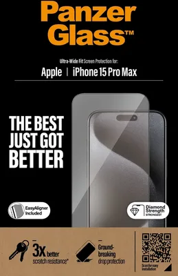 Obrázok produktu pre PanzerGlass ® Screen Protector iPhone 15 Pro Max | Ultra-Wide Fit w. EasyAligner, Apple, Apple - iPhone 15 Pro Max, Suchá aplikácia, Odolné voči nárazom, Transparentné, 1 ks