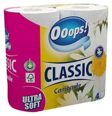 Obrázok produktu pre Toaletný papier, 3-vrstvový, malý kotúč, 4 kotúče, OOOPS "Classic", kamilka