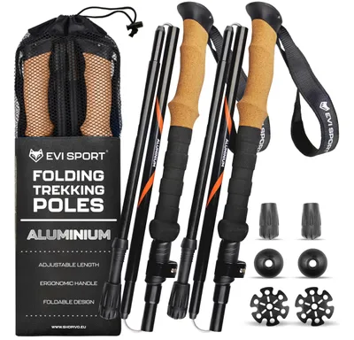 A set of four folding trekking poles with accessories, presented on a white background.