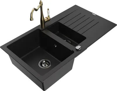 Produktbild von Mexen Matias 1,5-Becken-Granitspüle mit Abtropffläche und Mischbatterie Carla, Schwarz - 6502-77-670700-50-B