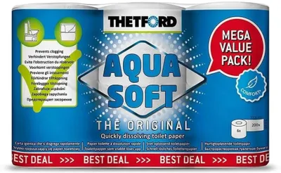 Produktbild von Thetford Aqua Soft, 200 Blätter, 200 Blätter, 25 m, 1,25 cm, 9,6 mm, 6 Stück(e)