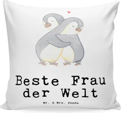 Produktbild von Mr. & Mrs. Panda kissen bedruckt Pinguin Beste Frau der Welt - Weiß - Geschenk, Kuschel, Ehe, 40x40, Braut, Ehefrau, Kleinigkeit, kuschelkissen, Polster, Geschenkidee