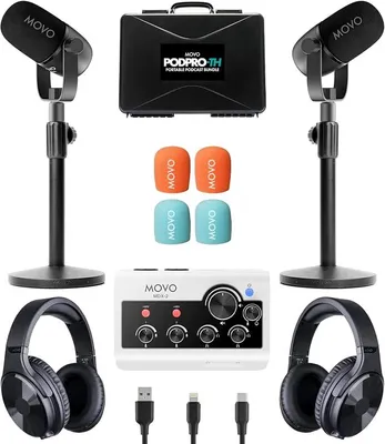 Produktbild von Tragbares Podcast-Ausrüstungspaket für iPhone/Android-Handys, Podcast-Kit mit Audio-Schnittstelle, 2 dynamische Mikrofone von CastMic, 2 Tischständer, für Smartphones, Computer, PC, Mac