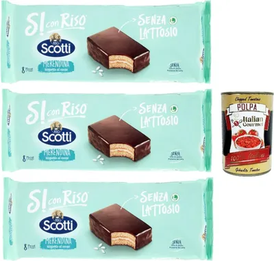 Produktbild von Si con Riso - Merendina Ricoperta con Cioccolato, Kuchen mit Schokolade bedeckt, Laktose -freie Süße Snacks, Palmöl ohne, 3x 264g + Italian Gourmet polpa 400g
