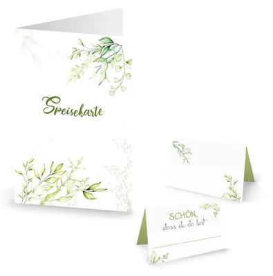 Produktbild von Logbuch-Verlag SET 10 Menükarten + 25 Tischkarten WEISS GRÜN BLÄTTER Speisenkarte mit Namensschilder Namenskarten SCHÖN DASS DU DA BIST HELLGRÜN Hochzeit…
