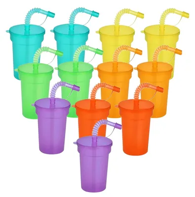 Immagine prodotto di Set di 12 bicchieri di plastica riutilizzabili con coperchio e cannucce