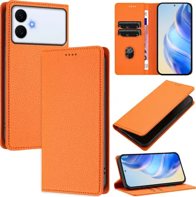 Produktbild von Litchi Leder Handyhülle für Samsung Galaxy S26 Edge Wallet Kartenfächer Standfunktion Hülle Orange