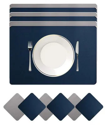 Produktbild von Platzset Abwischbar 6er Set + 6 Untersetzer 45x30cm Blau/Hellgrau in Lederoptik