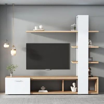Zdjęcie produktu dla Nowoczesna szafka pod telewizor 180 cm w kolorze białego dębu, zestaw mebli do salonu na telewizor do 60 cali, szafka pod telewizor z 5 półkami i zabezpieczeniem przed przewróceniem, lowboard