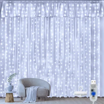 LED Lichtvorhang 300 Lichter USB Kupferdraht Weiß