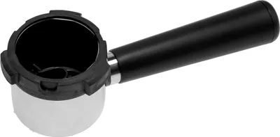 A coffee machine portafilter with a black handle against a white background.
