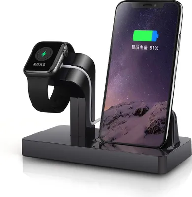 Image de chargeur sans fil 2-en-1 compatible avec iPhone Phone Watch Support universel pour téléphone portable Noir