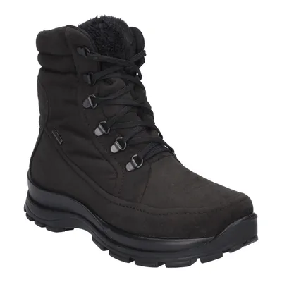 A black winter boot is shown against a white background.