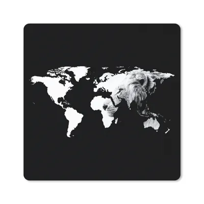 Produktbild von MuchoWow® Mauspad Mousepad Weltkarte - Löwe - Schwarz und weiß 20x20 cm - Mousepads - Maus Mat - Pad - Mausunterlage - Desk Mat - Bureauartikeln