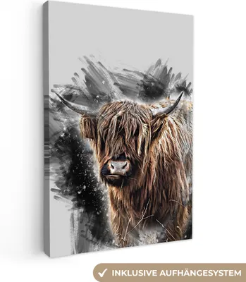 Produktbild von OneMillionCanvasses® - Leinwandbilder - 90x140 cm, Schottisches Hochlandrind - Schwarz - Tiere, Wandbilder Kunstdruck Wanddekoration - Wandschmucke - Schlafzimmer