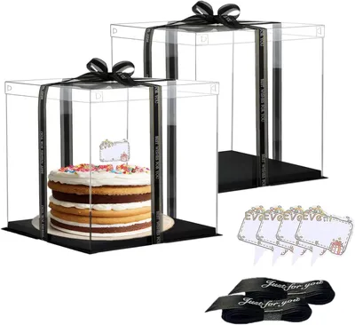Imagen del producto de Caja transparente para pasteles, de 26x26x24 cm, lote de 2 unidades, con base negra, ideal para pasteles y postres