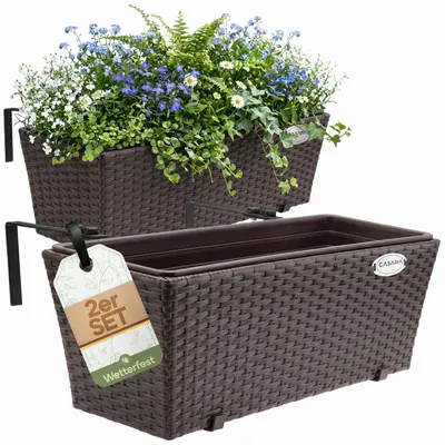 Produktbild von CASARIA® Blumenkasten 2er Set 11 Liter Montagehalterung indoor outdoor Geländerkasten Balkonkasten Pflanzkasten braun