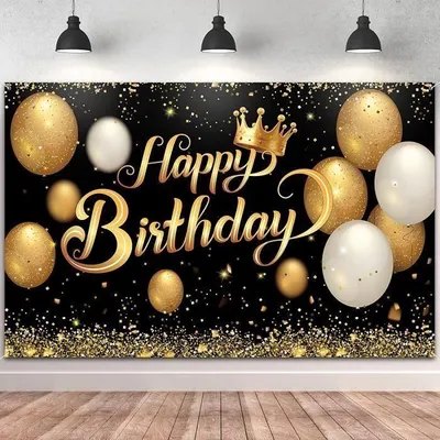 Produktbild von Geburtstagsbanner mit der Aufschrift „Happy Birthday“ – Großes schwarz-goldenes Poster – Fotohintergrund