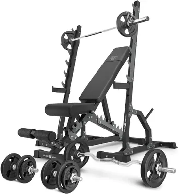 Image de Marbo Sport - Ensemble MS24_2.0_83KG | Banc double face + support multi-niveaux (2 pièces) + ensemble de barres et disques d'haltères 83 kg