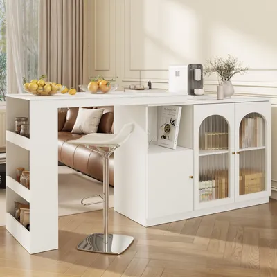 Obrázek produktu pro Otočný barový stůl Sweiko 360° (hlavní část 120 x 40 x 97 cm), moderní a jednoduchá bílá otočná jídelní a barová skříňka, multifunkční úložná skříňka se skleněnými dveřmi