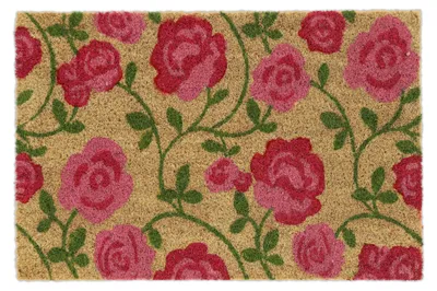 Immagine prodotto di Zerbino Relaxdays in cocco, motivo a rose, 40x60 cm, per interni ed esterni, antiscivolo, rosa/naturale