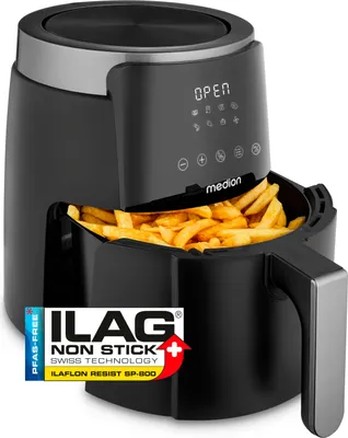 MEDION P40 L Heißluftfritteuse (4,7 Liter, Airfryer, 1500 Watt, einfache Bedienung, ölfreies Frittieren, 60 Min Timer, bis zu 200° C, Antihaft-Beschichtung, MD13030) schwarz