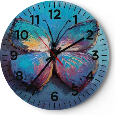 Produktbild von Wanduhr - Rund - Glasuhr - Handschriftlich Schmetterling Blau - 30x30cm - Schleichendes Uhrwerk - Lautlos - zum Aufhängen bereit - Dekoration Modern - Wanddekoration aus Glas - C4AR30x30-4470