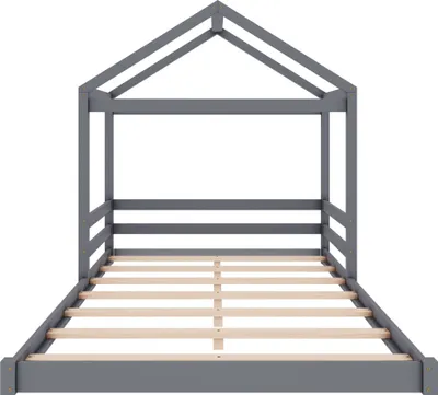 Produktbild von Hausbett 140x200cm Kinderbett (ohne Matratze) Kiefernholz Grau Massivholzbett Doppelbett Jugendbett Holzbett Bodenbett Mit Lattenrost