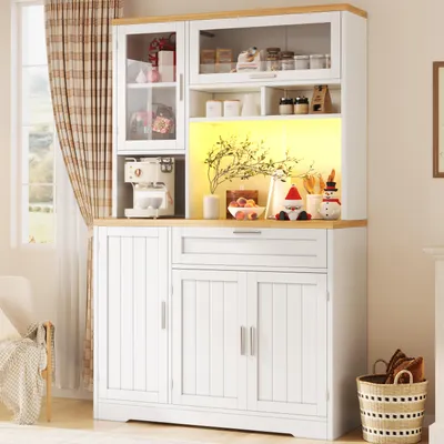 Image de Armoire haute Flieks avec éclairage LED, 104 x 40 x 180 cm, pour la cuisine et le salon, buffet haut, blanc