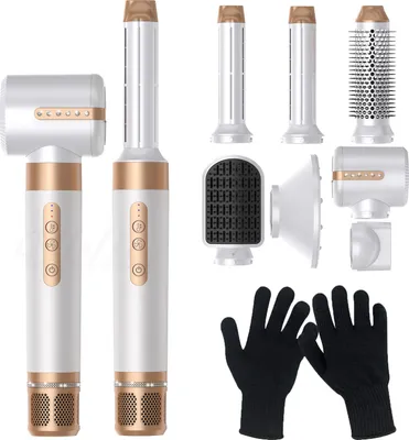 Imagen del producto de AIORBER: Peine multifuncional de aire caliente 7 en 1 con guantes, rizador automático, cepillo secador, plancha, secador de pelo y rizador, color blanco