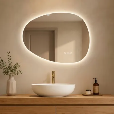 Imagen del producto de S'AFIELINA, espejo asimétrico de 60x45 cm con iluminación LED. Espejo de baño con luz, función de atenuación, se puede montar horizontal o verticalmente, con función anti-vaho. Ideal para baño y pasillo