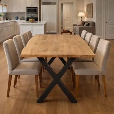 Produktbild von Massivholztisch Eiche 200x100 cm mit Baumkante – Esszimmertisch mit 4 cm Tischplatte & X-Metallgestell – moderner Esstisch , Natur Geölt