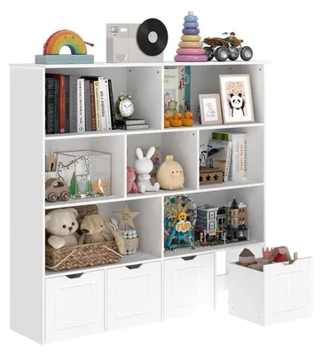 Immagine prodotto di Scaffale per cameretta, libreria bianca con 4 contenitori portaoggetti su ruote, dimensioni 125x33x118 cm