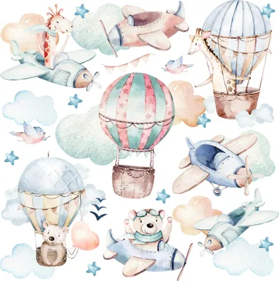 Produktbild von Muralo Wandsticker Set für Kinder TIERE Wolken Sterne Flugzeuge 120x60 cm Wandaufkleber Set für Baby