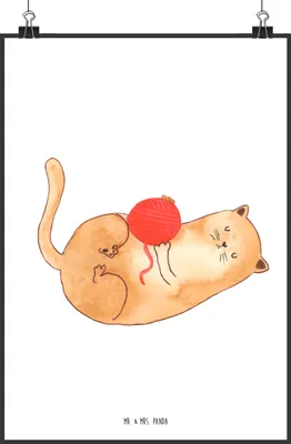 Produktbild von Mr. & Mrs. Panda Bild Katze Wolle DIN A2 - Weiß - Geschenk, wanddeko, Wandbild, Putzig, drucke, Katzen, Spielen, Deko, Cat, Plakat