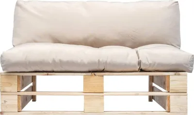 A sofa made from wooden pallets with beige cushions, shown against a white background.