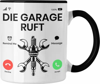 Produktbild von Trendation - KFZ Mechaniker Tasse Geschenk Spruch Männer KFZ Mechatroniker Geschenkidee Becher Werkstatt Die Garage Ruft An (Schwarz)