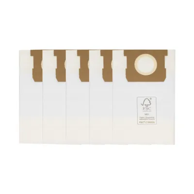 A pack of five vacuum cleaner bags, laid out flat against a white background.