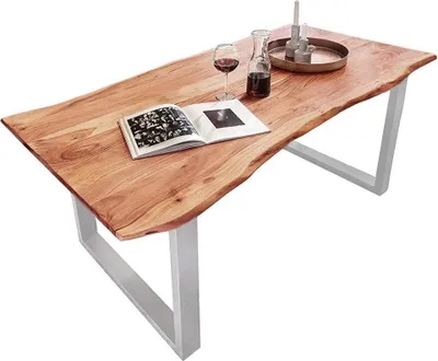 Produktbild von Esszimmertisch 280x100 cm Quinn, echte Baumkante, naturfarben, massiver Esstisch aus Akazienholz, Metallbeine Silber, Baumkantentisch