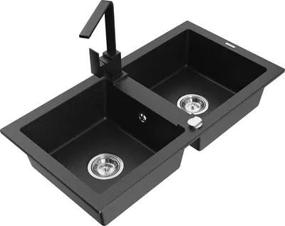 Produktbild von Mexen Mario 2-Becken-Granitspüle mit Mischbatterie Rita, Schwarz/Silbermetallic - 6504-73-670300-70