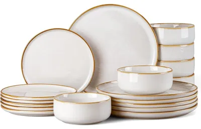 Immagine prodotto di Set di stoviglie per 6 persone, composto da 18 pezzi, servizio da tavola in stoneware con ciotole e piatti, finitura in smalto reattivo, colore beige "Jupiter"