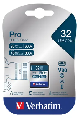 Obrázek produktu pro Verbatim Pro, 32 GB, SDHC, Třída 10, UHS, 90 MB/s, 45 MB/s