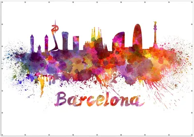 Produktbild von Wallario XXL Outdoor-Poster für Garten oder Balkon, Motiv Städte als Aquarell - Skyline von Barcelona, in ca. 400 x 280 cm