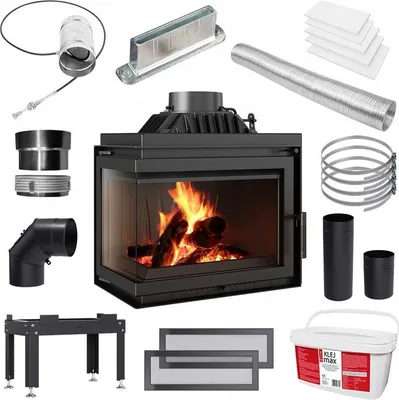 A collection of fireplace insert components and accessories laid out on a white background.