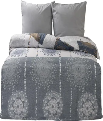 Produktbild von Bettwäsche 100% Baumwolle 135x200 cm Renforce Ornamente Grau Blau Wendefunktion 4 tlg