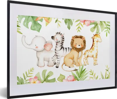 Produktbild von MuchoWow® MuchoWow® Gerahmtes Poster Dschungel - Tiere - Aquarellfarbe 60x40 cm - Poster mit zchwarzem Bilderrahmen - Schlafzimmer - Plakat in Rahmen - Drucken